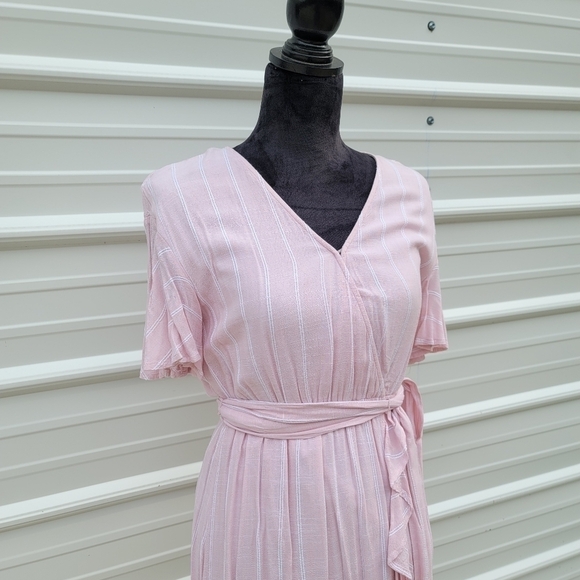 LC Lauren Conrad Belted Flutter Short Sleeve V Neck Pink Striped Dress XS - Picture 4 of 14